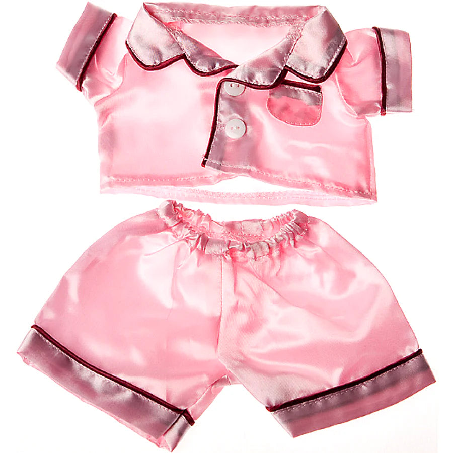 Pink satin outfit with a top and shorts on a white background